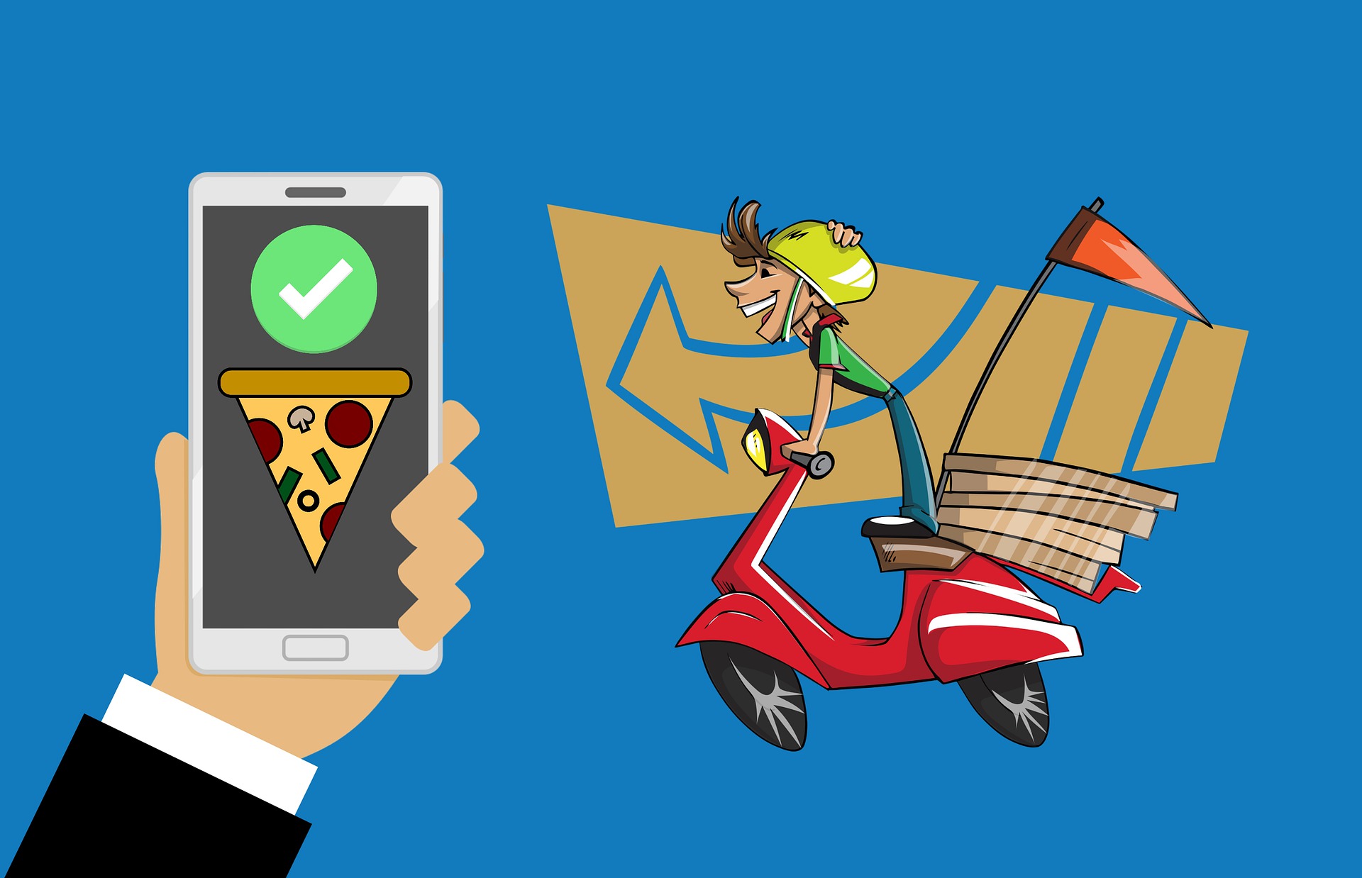 rappresentazione grafica food delivery. a sinistra uno smartphone a destra una rappresentazione di un ragazzo su scooter che consegna le pizze