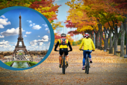 Parigi città a due ruote, foto di Parigi e di due ciclisti