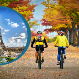 Parigi città a due ruote, foto di Parigi e di due ciclisti
